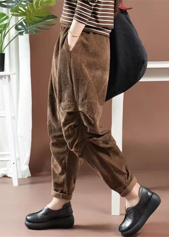 New Brown Wrinkled Pockets High Waist Corduroy Harem Pants