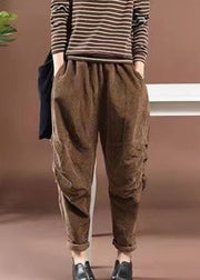 New Brown Wrinkled Pockets High Waist Corduroy Harem Pants