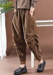 New Brown Wrinkled Pockets High Waist Corduroy Harem Pants