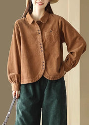 New Caramel Peter Pan Collar Button Corduroy Shirts Spring