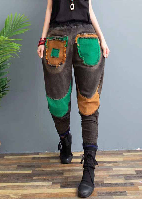 New Casual Elastic Waist Patchwork Warm Fleece Denim Pants Spring