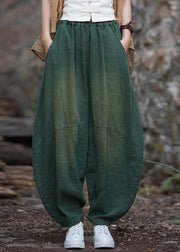 New Casual Green Pockets Patchwork Linen Lantern Pants Fall