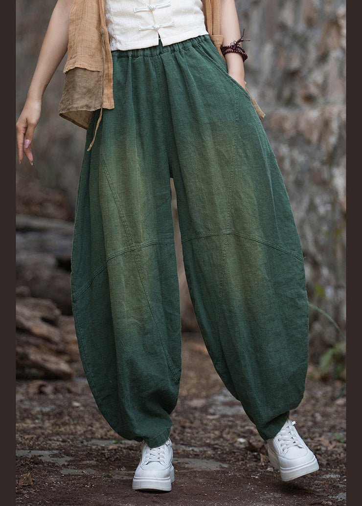 New Casual Green Pockets Patchwork Linen Lantern Pants Fall