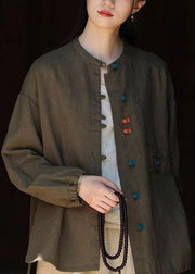 New Chinese Style Blackish Green Oriental Button Linen Coat Autumn