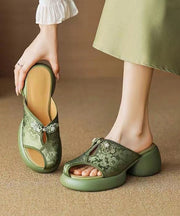 New Chinese Style Green Embroidered Chunky Heel Slide Sandals