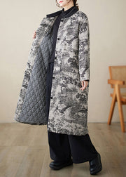 New Chinese Style Shui Ink Printed Pockets Cotton Filling Coat Winter