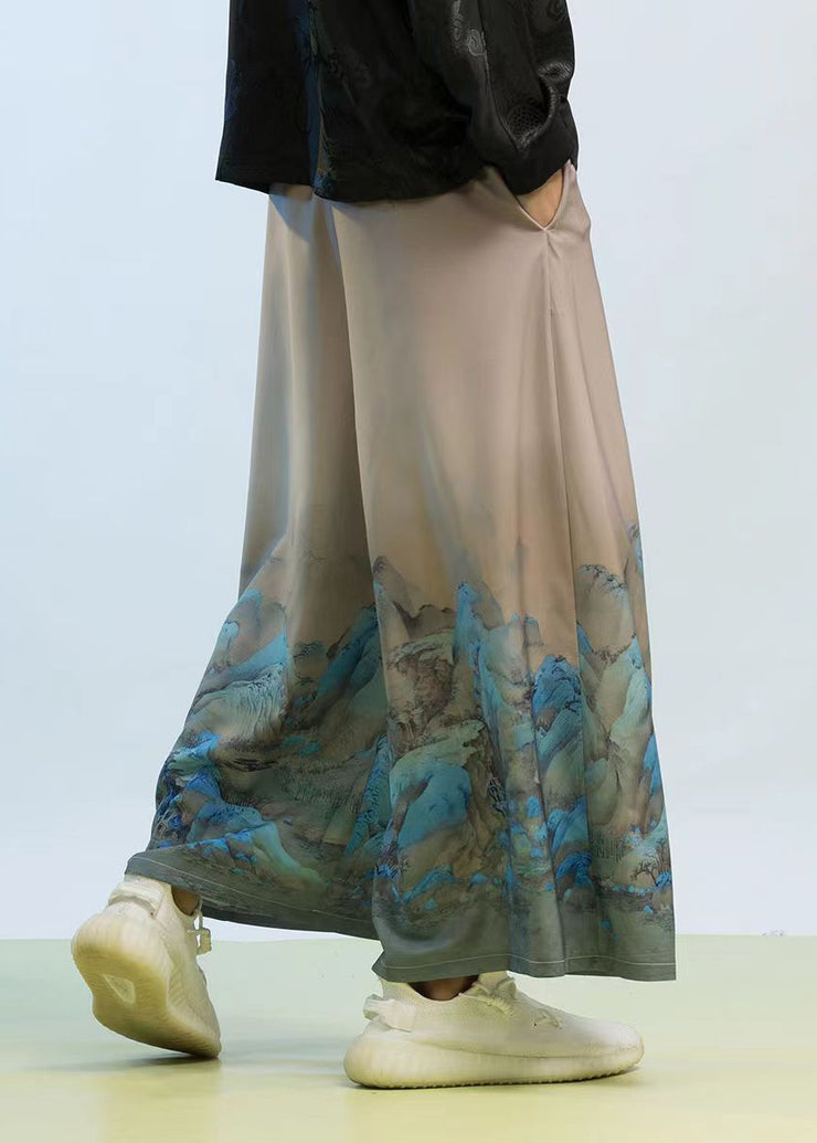 New Chinese Style Thousand Mile Jiangshan Printed Men Wide Leg Pants