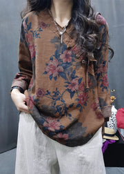 New Coffee Button Print Linen Top Long Sleeve