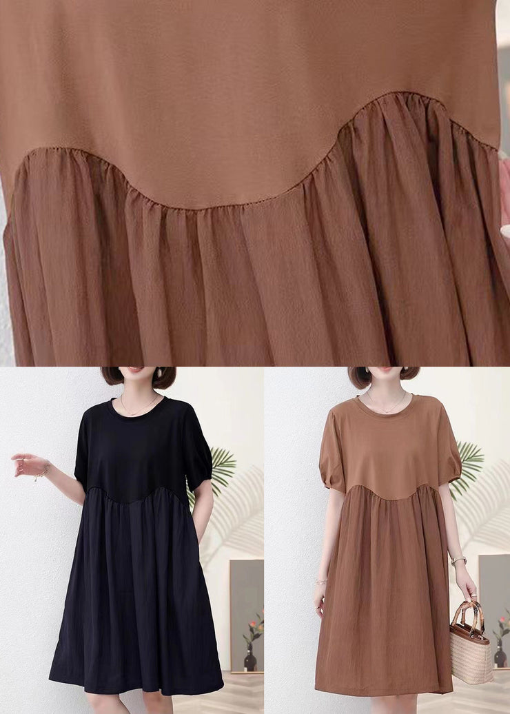 New Coffee O Neck Wrinkled Cotton Dress Short Sleeve