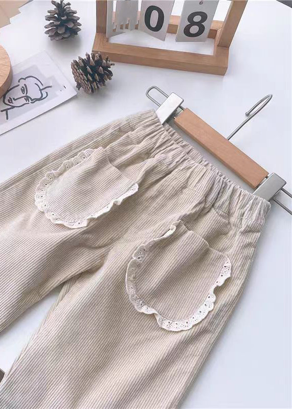 New Coffee Pockets Elastic Waist Corduroy Baby Crop Pants Spring