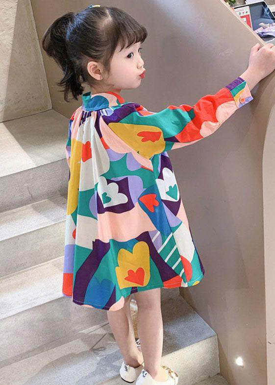 New Colorblock Print Button Girls Mid Dress Long Sleeve