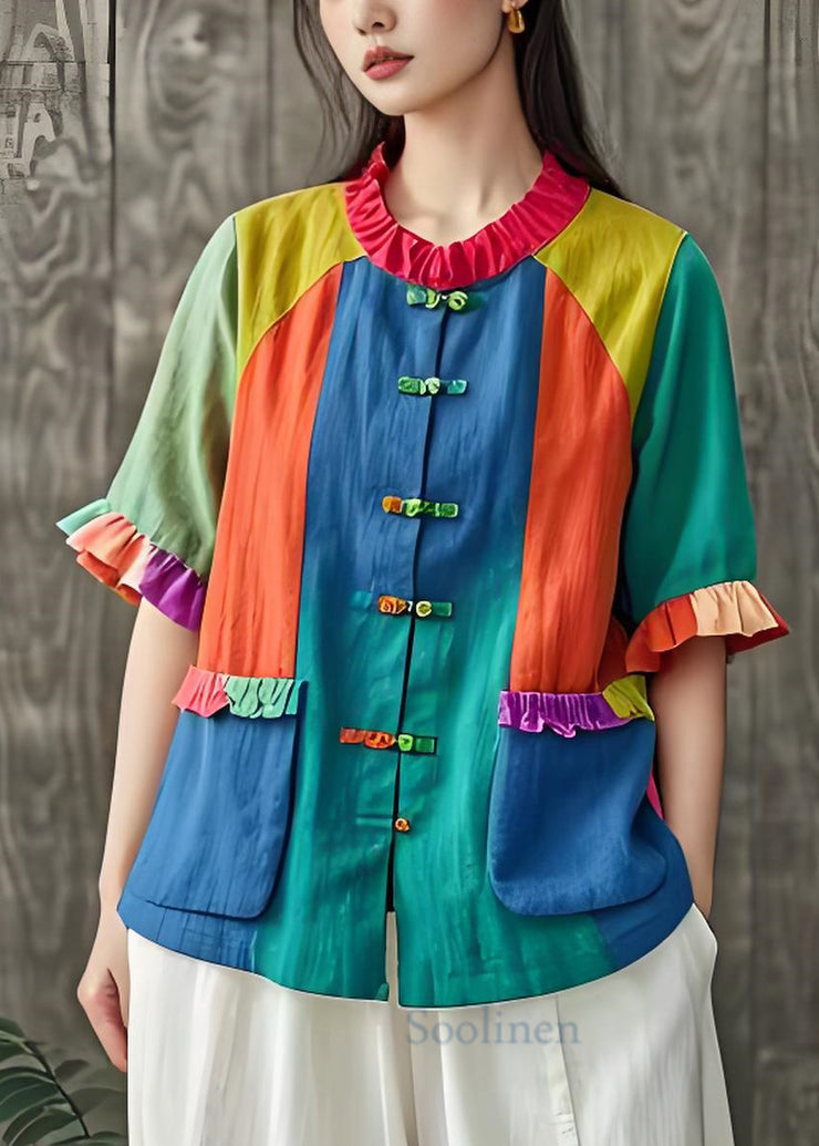 New Colorblock Ruffled Pockets Chinese Button Cotton Blouses Summer