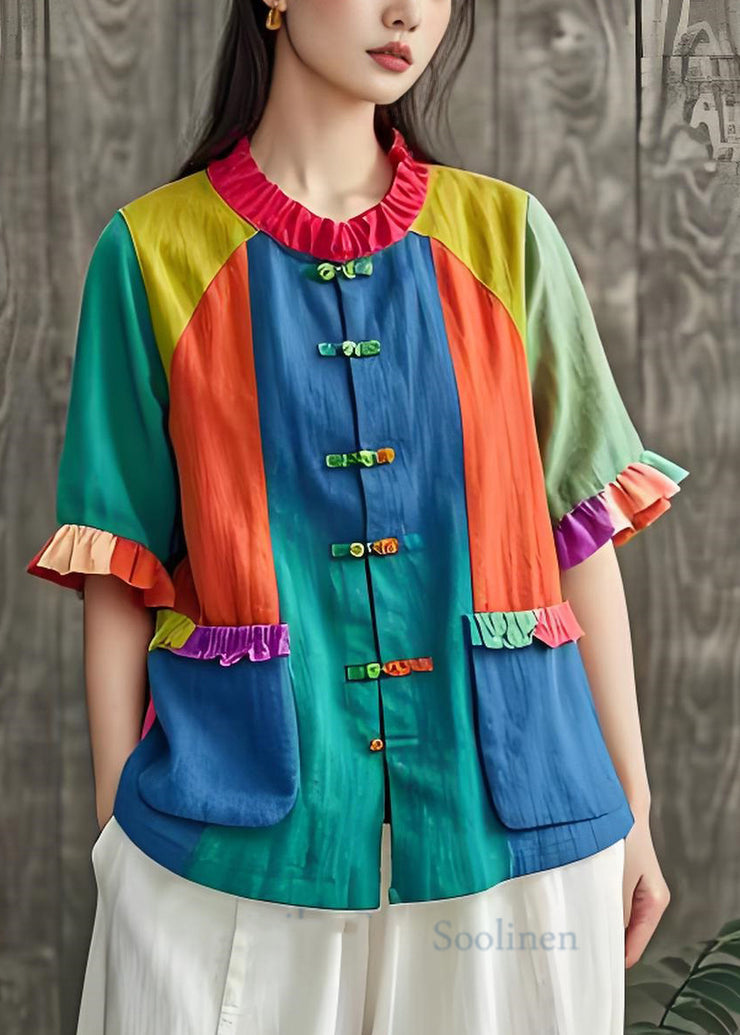 New Colorblock Ruffled Pockets Chinese Button Cotton Blouses Summer