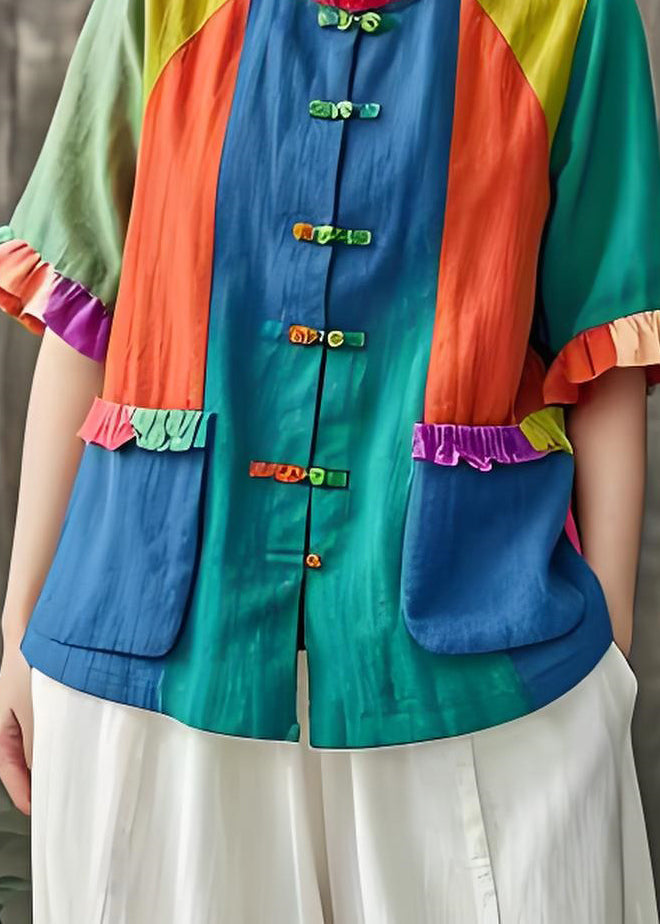 New Colorblock Ruffled Pockets Chinese Button Cotton Blouses Summer