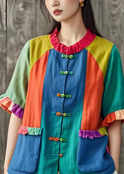 New Colorblock Ruffled Pockets Chinese Button Cotton Blouses Summer