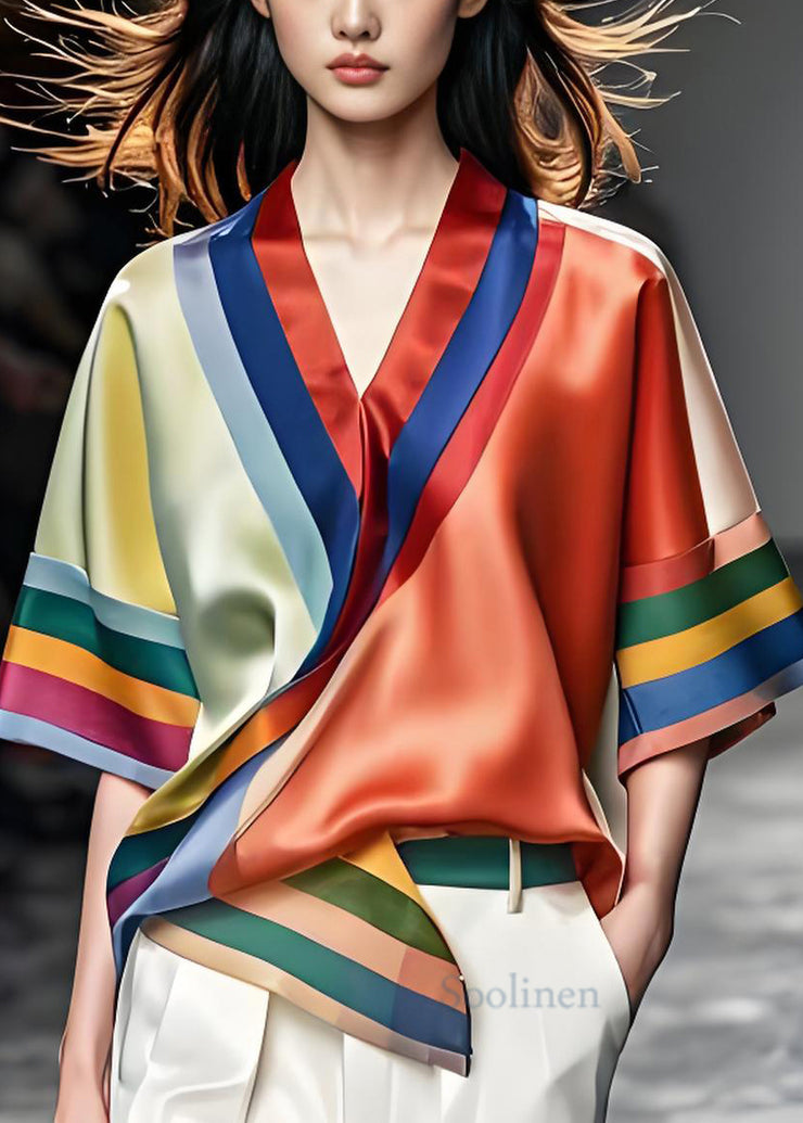 New Colorblock V Neck Asymmetrical Design Silk Shirt Summer