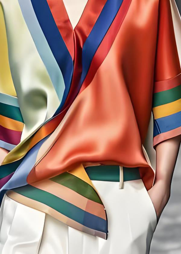 New Colorblock V Neck Asymmetrical Design Silk Shirt Summer