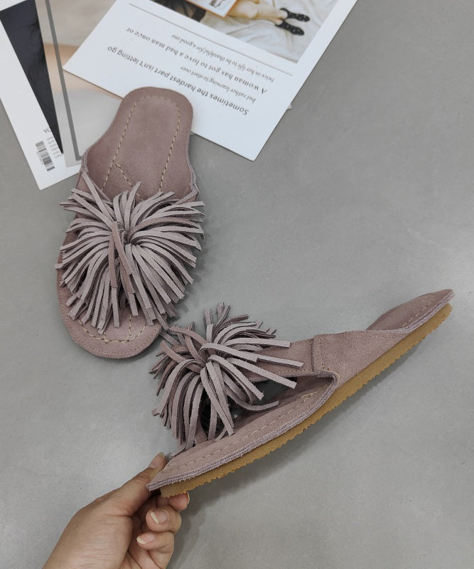 New Comfy Pink Suede Tasseled Splicing Slide Sandals