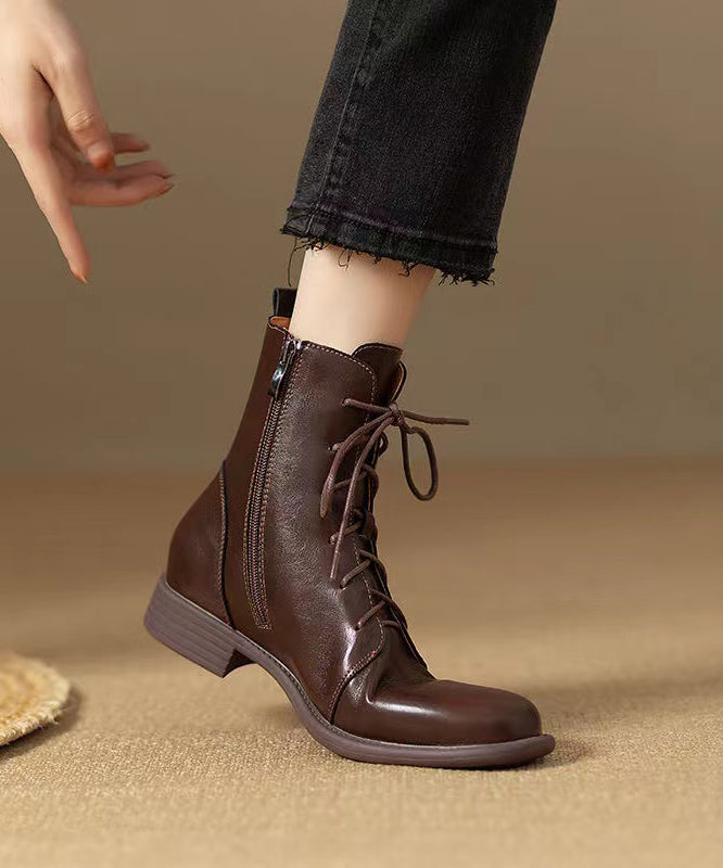 New Cowhide Leather Boots Zippered Lace Up Splicing Brown