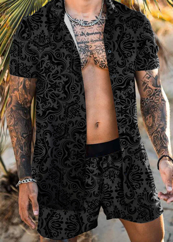 New Dark Gray Button Print Cotton Men Two Pieces Set Summer