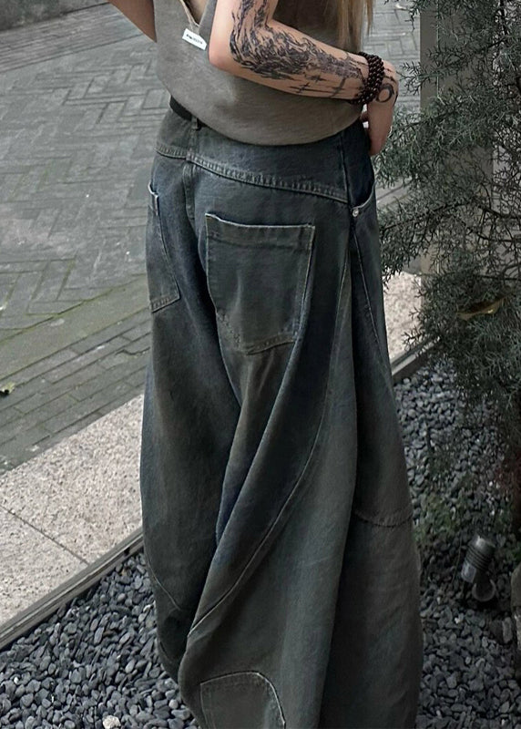 New Dark Gray Hole Pockets Denim Wide Leg Pants Summer