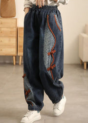 New Denim Blue Pockets Elastic Waist Patchwork Crop Pants Fall