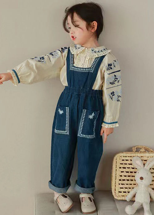 New Embroideried Ruffled Shirts And Denim Pants Girls Two Pieces Set Fall