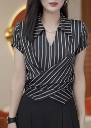 New Fashion Black Stripe Peter Pan Collar Chiffon Top Summer