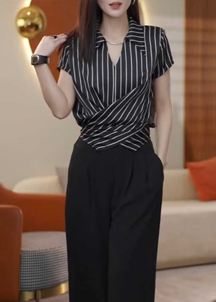 New Fashion Black Stripe Peter Pan Collar Chiffon Top Summer