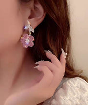 New Fashionable Pink Organza Flower Crystal Tassel Earrings