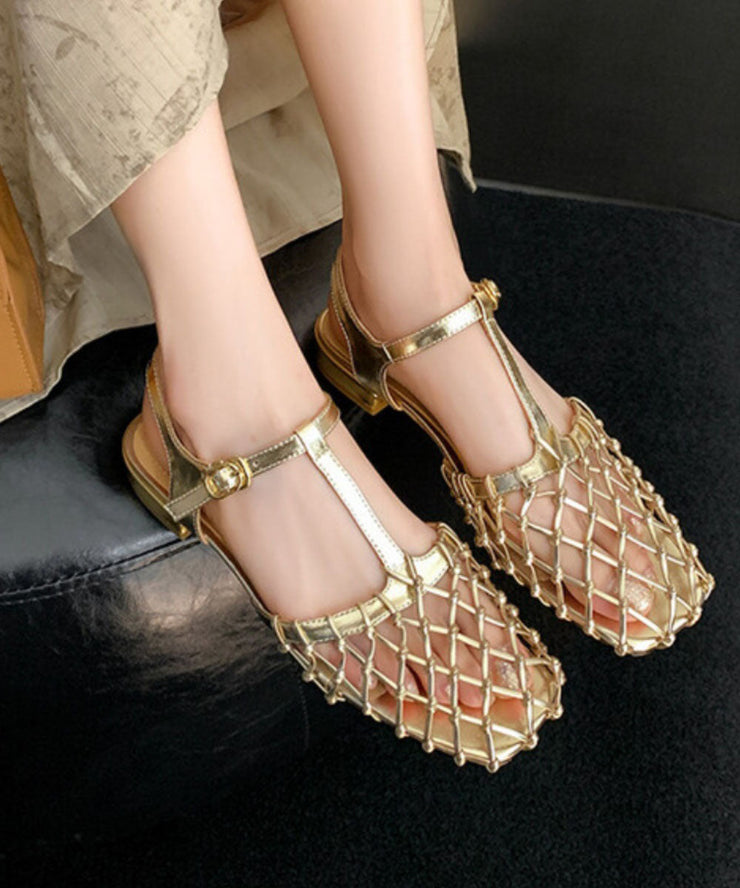 New French Hollow Out Buckle Strap Gold Sandals