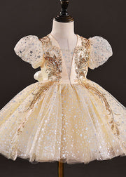 New Gold Sequins Wrinkled Bow Patchwork Tulle Kids Girls Party Dress Summer