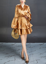 New Gold Tie Waist Solid Silk Mid Dress Lantern Sleeve