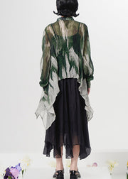 New Green Asymmetrical Lace Up Tie Dye Silk Shirt Tops Fall