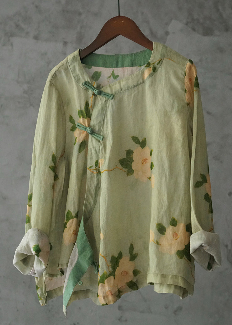 New Green Button Print Cotton Shirt Long Sleeve