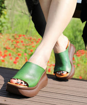 New Green Cowhide Leather Peep Toe Splicing Wedge Slide Sandals