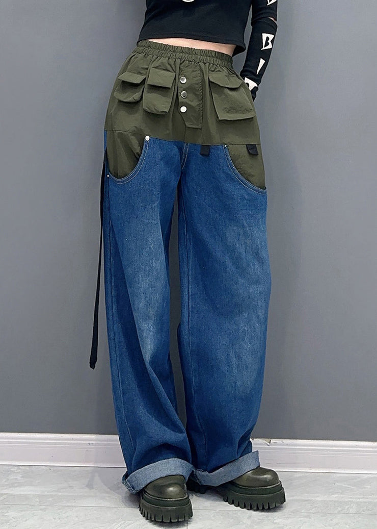 New Green Elastic Waist Patchwork Denim Pants Spring