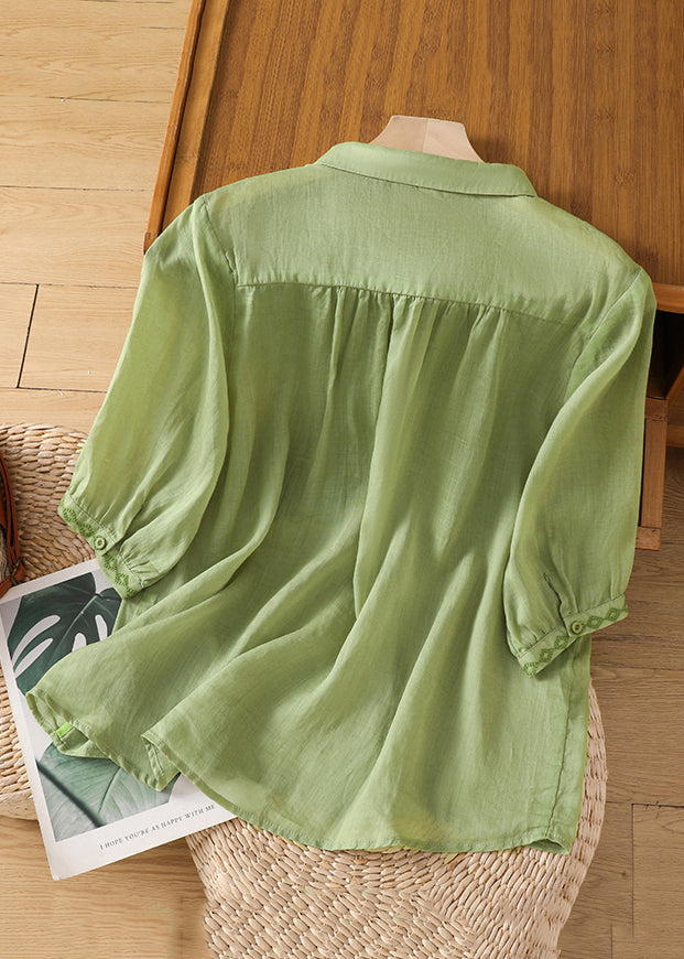 New Green Embroidered Button Linen Blouse Half Sleeve