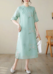 New Green Embroidered Side Open Cotton Dresses Half Sleeve