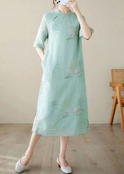 New Green Embroidered Side Open Cotton Dresses Half Sleeve