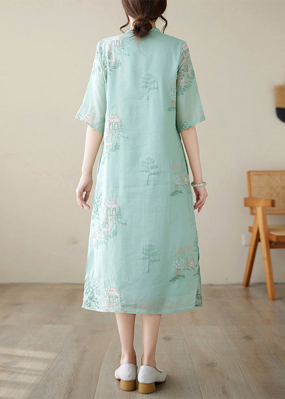 New Green Embroidered Side Open Cotton Dresses Half Sleeve