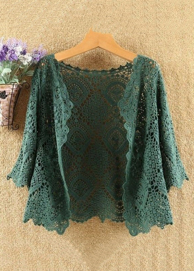 New Green Hollow Out Solid Cotton Knit Cardigans Summer