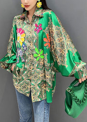 New Green Nail Bead Print Patchwork Silk Shirt Batwing Sleeve