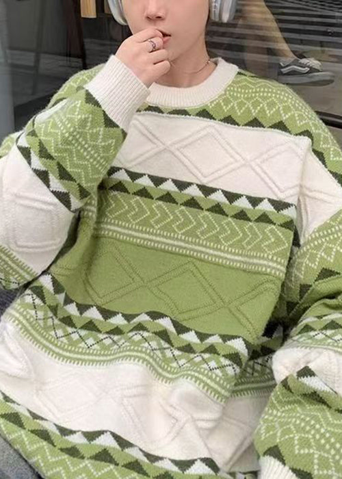 New Green O Neck Cozy Patchwork Knit Men Sweaters Fall