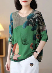 New Green O Neck Print Cotton Knit Top Half Sleeve