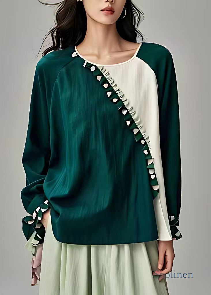 New Green O-Neck Ruffled Patchwork Linen Tops Long Sleeve