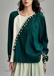 New Green O-Neck Ruffled Patchwork Linen Tops Long Sleeve