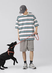 New Green O Neck Striped Cotton Men T Shirt Summer