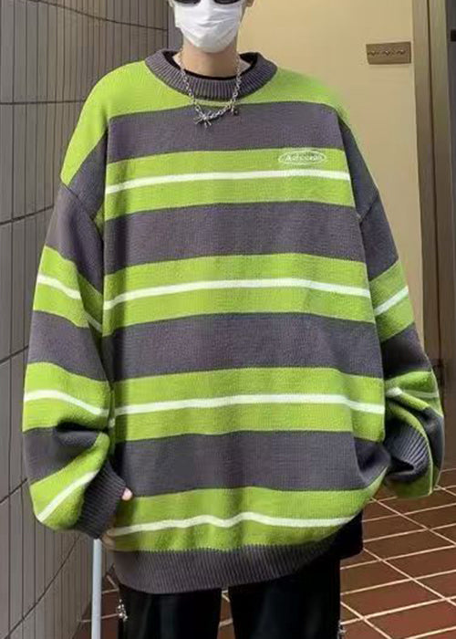 New Green O Neck Striped Knit Mens Sweaters Winter