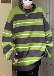 New Green O Neck Striped Knit Mens Sweaters Winter